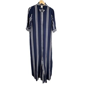 IRIS & INK Maxi Shirt Dress 100% Silk Navy Blue Striped Collared Size US 4